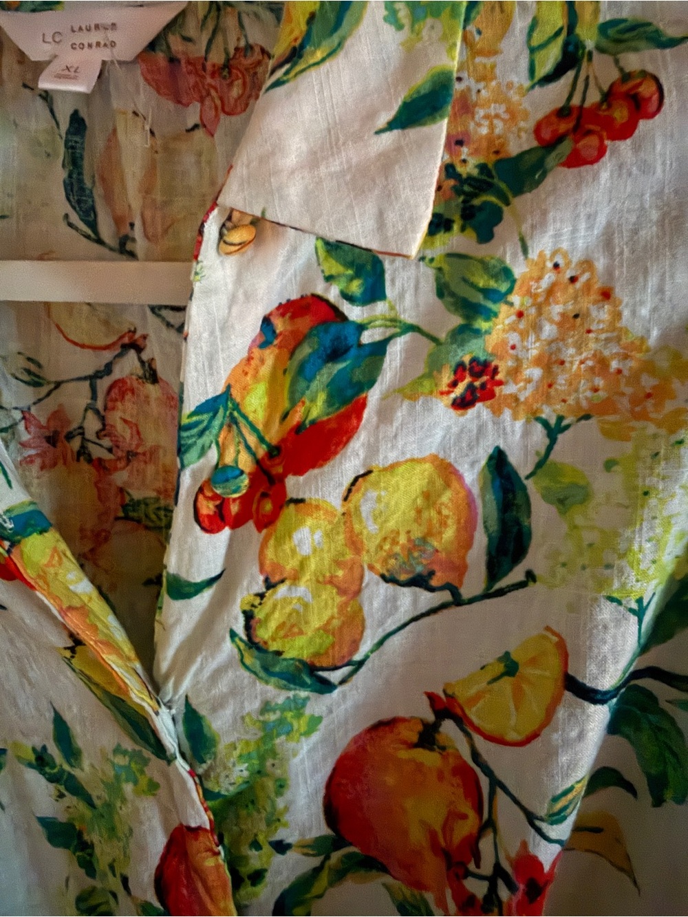 LC Lauren Conrad White Floral & Fruit Print Tie-Waist Button Down Top - Picture 3 of 7